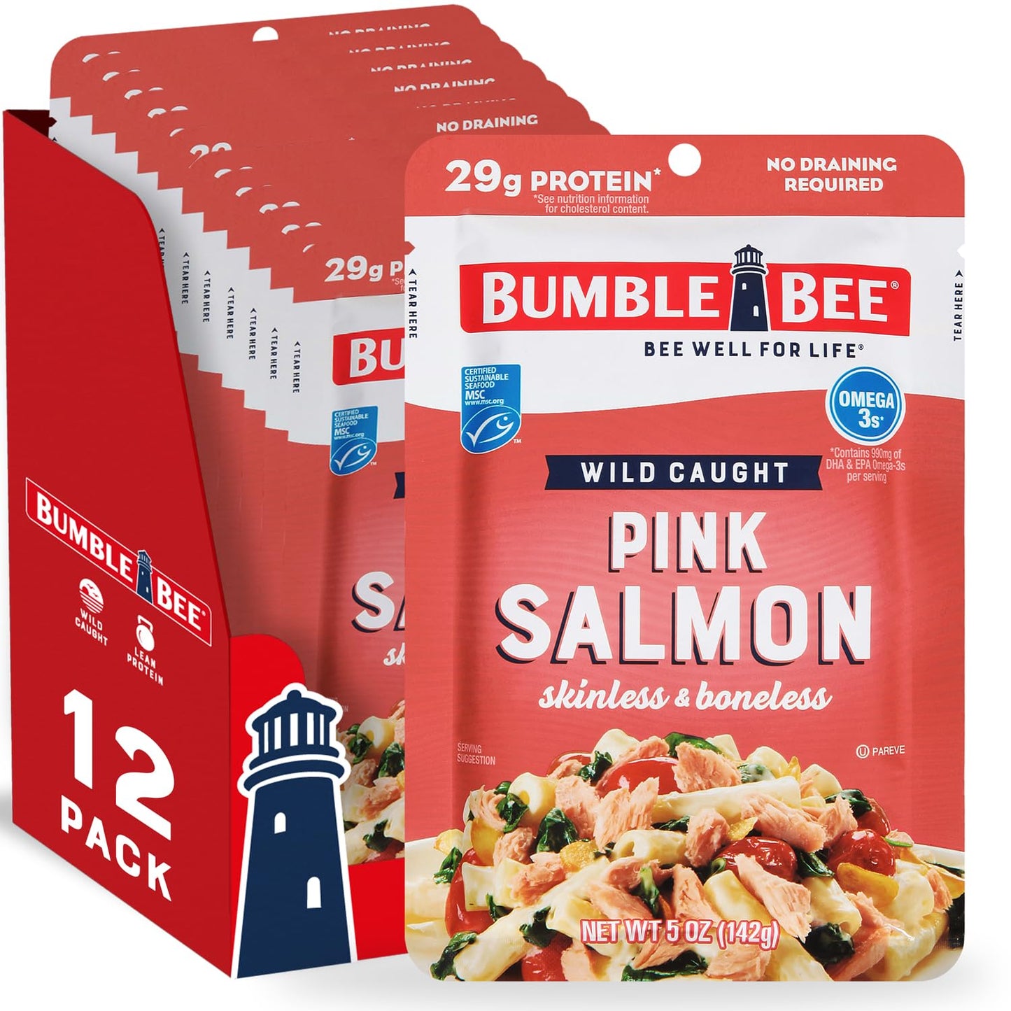 Bumble Bee Skinless & Boneless Pink Salmon, 5 oz Pouch (Pack of 12) - 29g Protein, Gluten Free, Kosher, MSC Certified