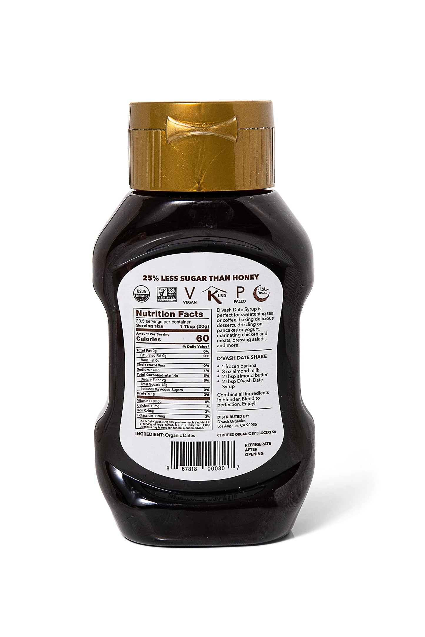 Organic Date Syrup 1 ingredient 100% Dates | DVash Organics | 16.6 oz Squeeze Bottle | California Dates, Non-GMO, Vegan, No Add