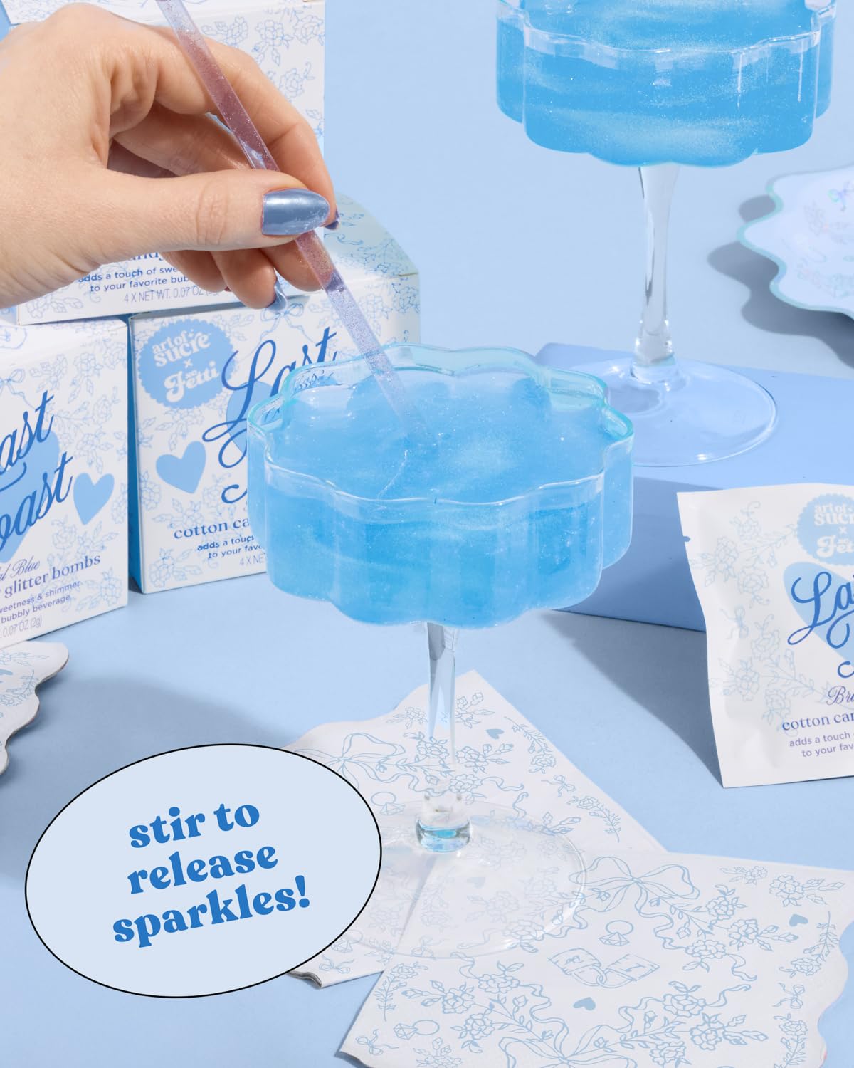 xo, Fetti Bridal Blue Cotton Candy Glitter Drink  s, 4 pc, Edible Glitter, Bachelorette Party Favor, 9.906 cm