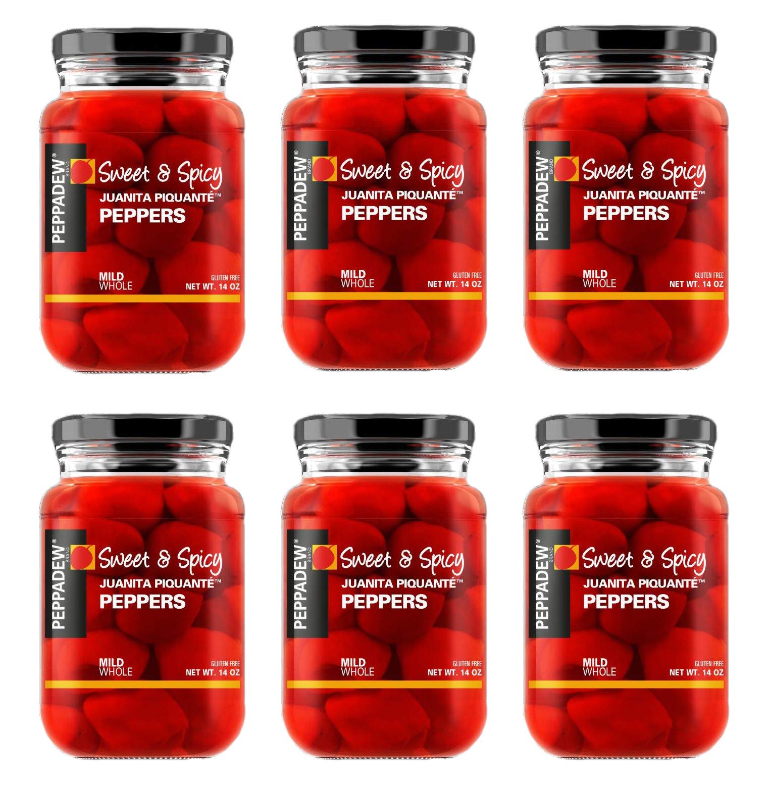 Peppadew Mild Whole Sweet & Spicy Piquante Peppers, 14-Ounce Glass Jars (Pack of 6)
