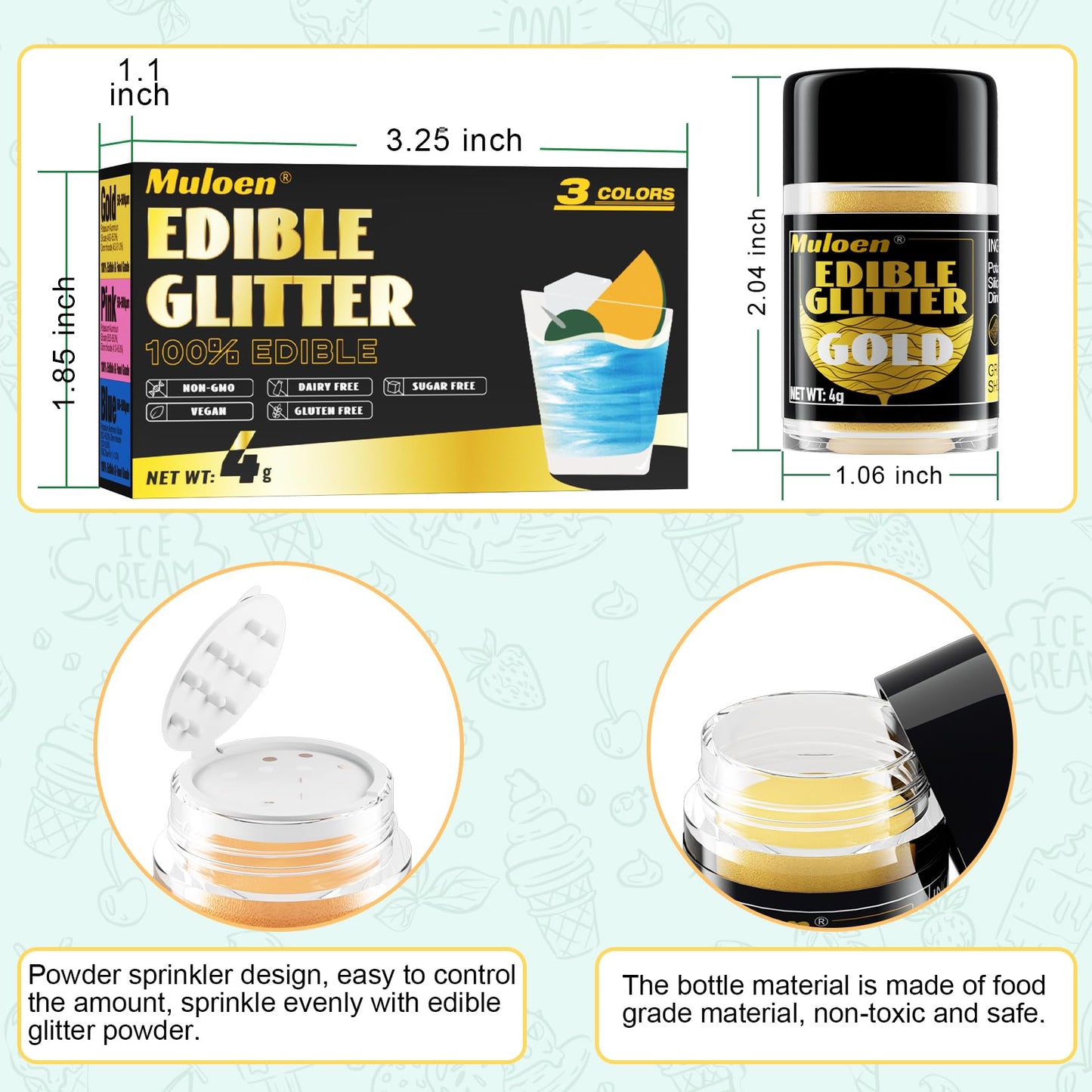 Muloen Edible Glitter 100% Edible Luster Dust, 4g per Bottle, Gold Pink Blue, Cake and Drink Decorating Supplies