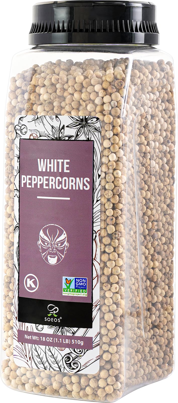 Soeos White Peppercorns, 18oz (Pack of 1), Non-GMO, Kosher, Packed to Keep Peppers Fresh, Peppercorn for Grinder Refill, Whole P