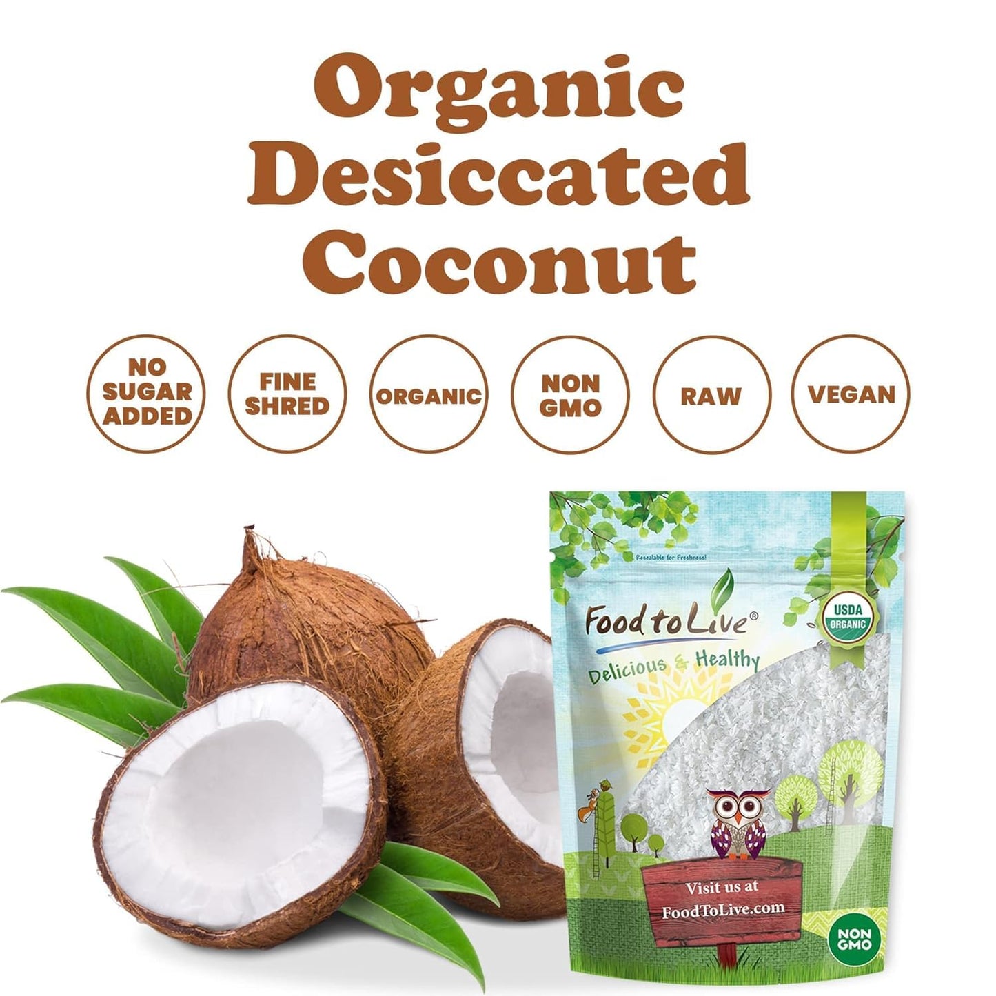 Food To Live - Organic Fine Shredded Coconut, 2 Pounds - Non-Gmo, Raw, Unsweetened Flakes, Vegan, Great For Baking, A Good Sourc