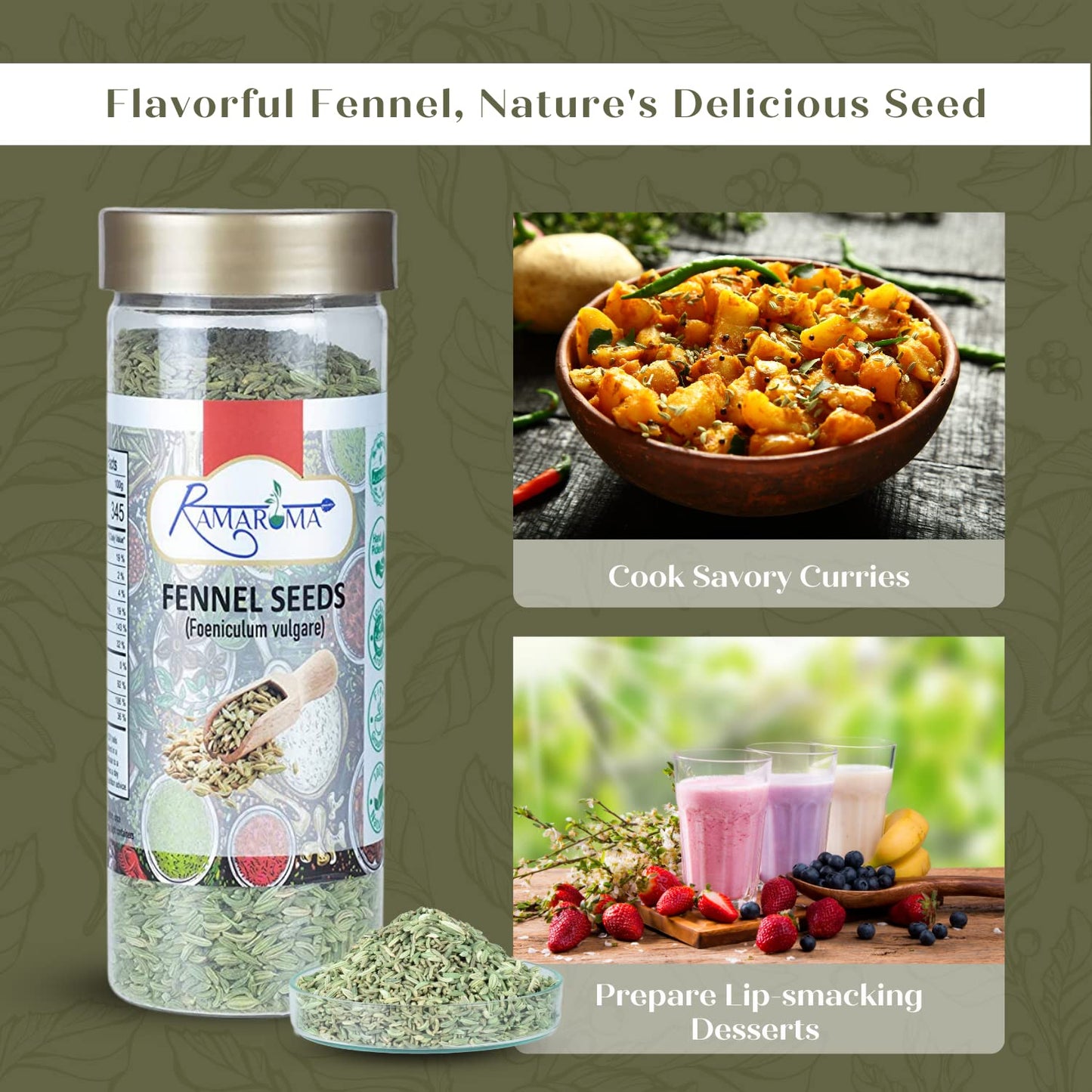 Ramaroma Fennel Seeds (Saunf Sabut) Whole Spice 3.5Oz (100G) ~ All Natural | Gluten Friendly | Non-Gmo | Vegan | All Natural, Sw