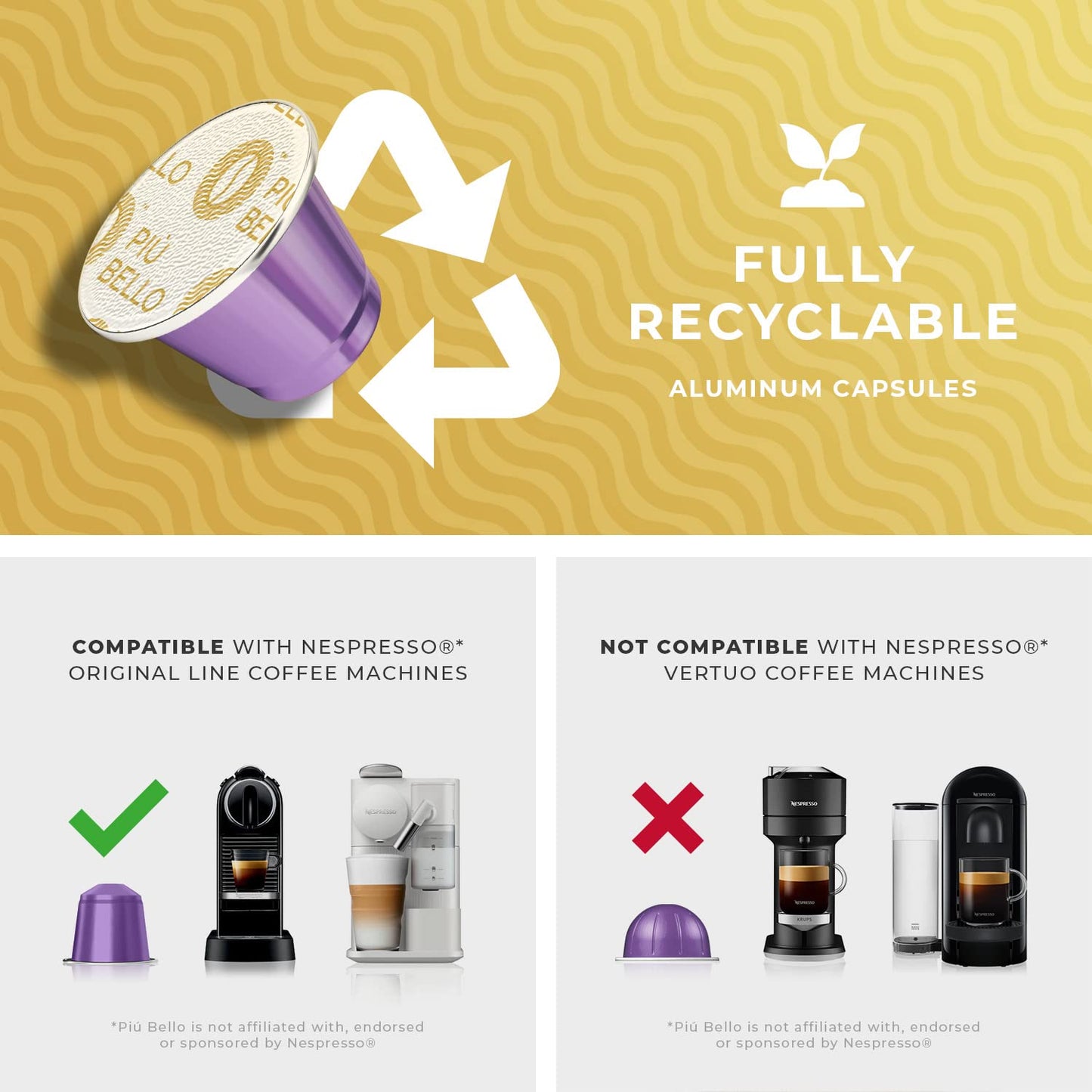PIU BELLO Coffee Pods for Nespresso Machines - Rich Italian Espresso - Kosher Certified - 120 Count Pack