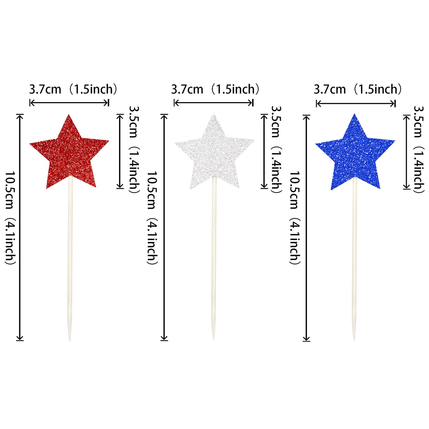 ZHUOWEISM 36 PCS Cupcake Toppers Blue Red Silver - Bamboo Independence Day Decorations for Birthday Parties
