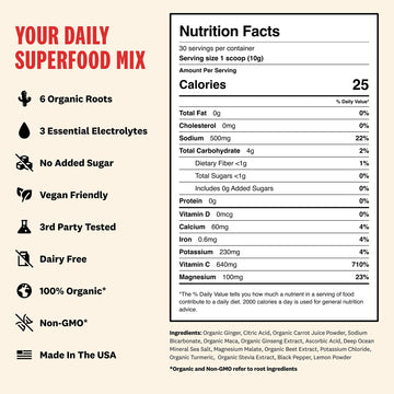 SUPEROOT Ginger Shot + Superfood Drink Mix, Immunity & Hydration, 30 Servings, Original Citrus Flavor, Vermilion Red