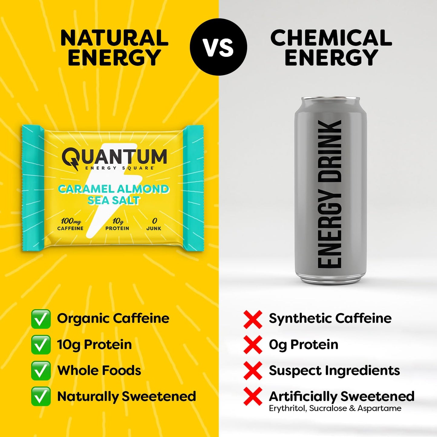 Quantum Energy Square: Energy Bar With Caffeine & 10G Protein. Delicious Healthy Snack On The Go. (Vegan, Gluten-Free, Soy-Free, Dairy-Free) (Caramel Almond Sea Salt)