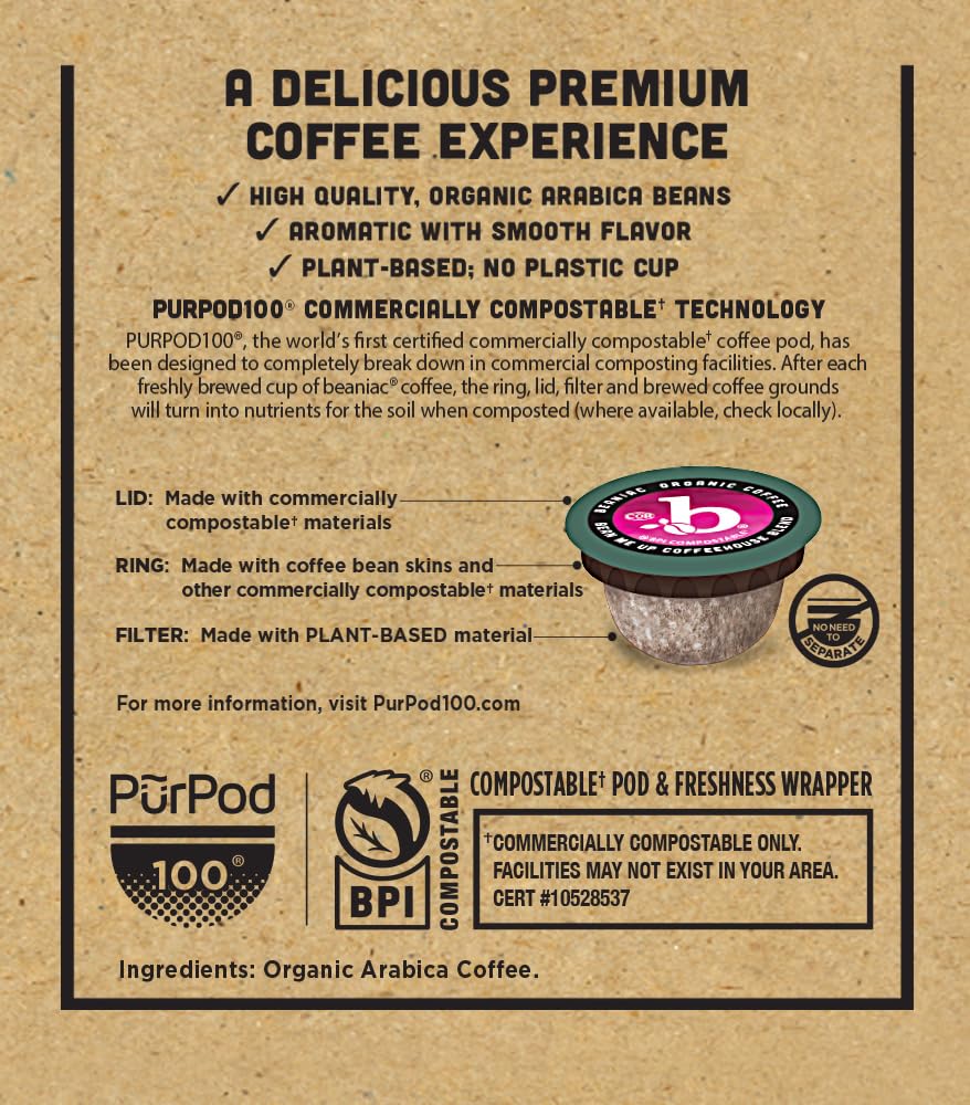 beaniac Organic Bean Me Up Coffeehouse Blend K Cup Pods, Medium Roast, 72 Count, Rainforest Alliance Certified, Compatible with Keurig