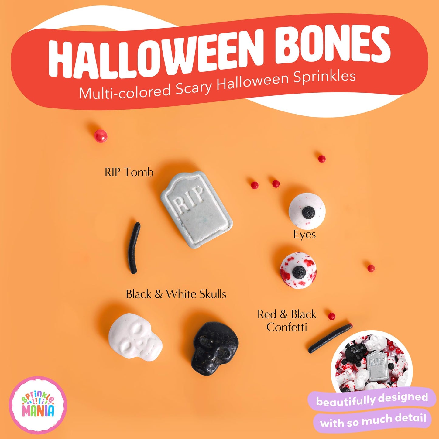 Sprinklemania Spooky Halloween Sprinkles Mix - Eyeball, Bone, Tombstone Jimmies - 3.5oz - Grey