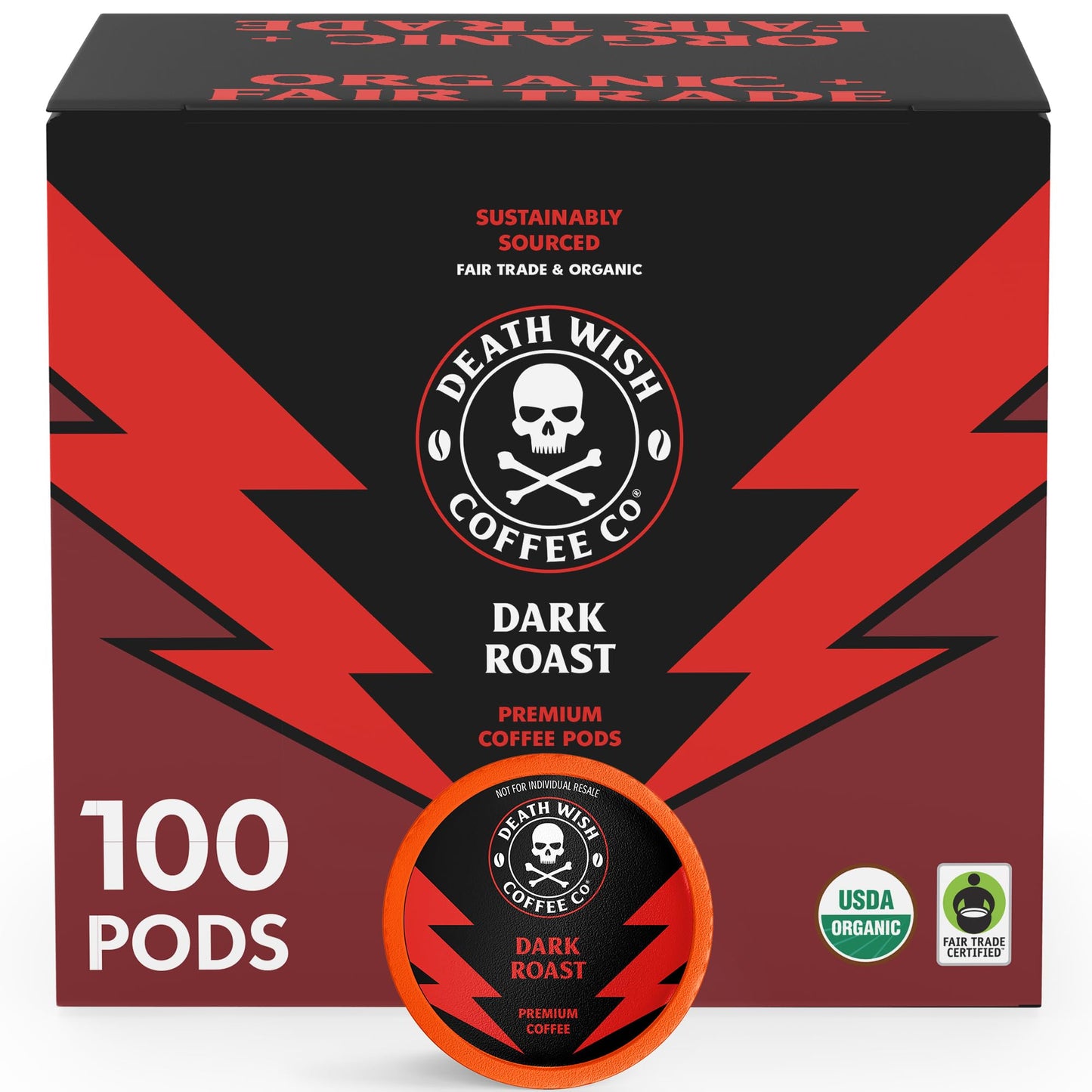 Death Wish Coffee - Single Serve Pods - Dark Roast Coffee Pods - Made with USDA Certified Organic Beans (Dark Roast  100 Count (Pack of 1))