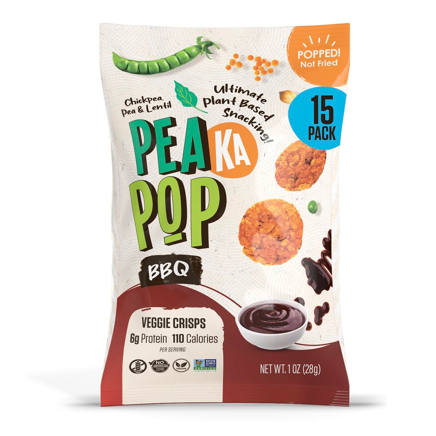 PEAKAPOP Veggie Chips – Plant-Based BBQ Crisps with Pea Protein – 1 oz Bags (15-Pack) – Vegan, Gluten-Free