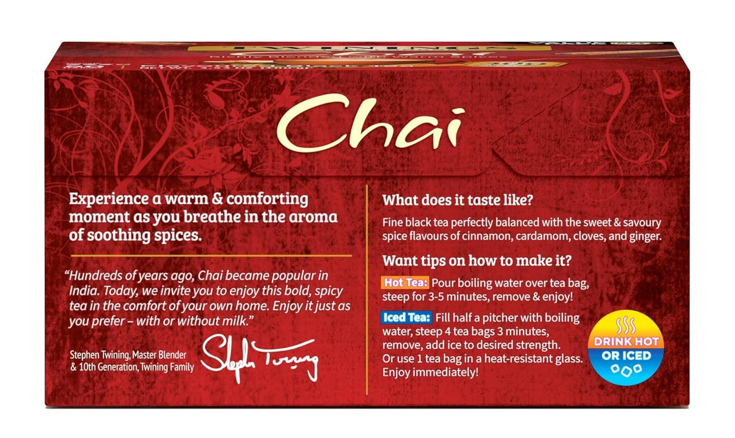 Twinings Chai Black Tea Individually Wrapped Bags, Sweet, Savoury Spices, Caffeinated, Enjoy Hot Or Iced - 50 Count
