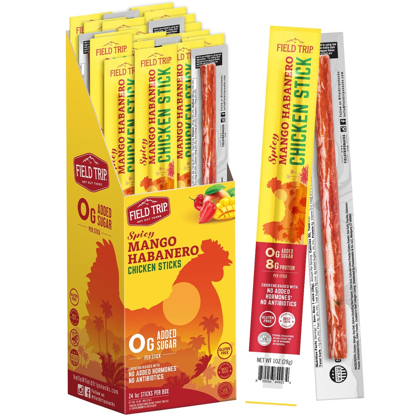 Field Trip Spicy Mango Habanero Chicken Jerky Sticks - Keto, Paleo, Gluten Free - 50 Calorie High Protein Snack - 1oz, 24 Pack