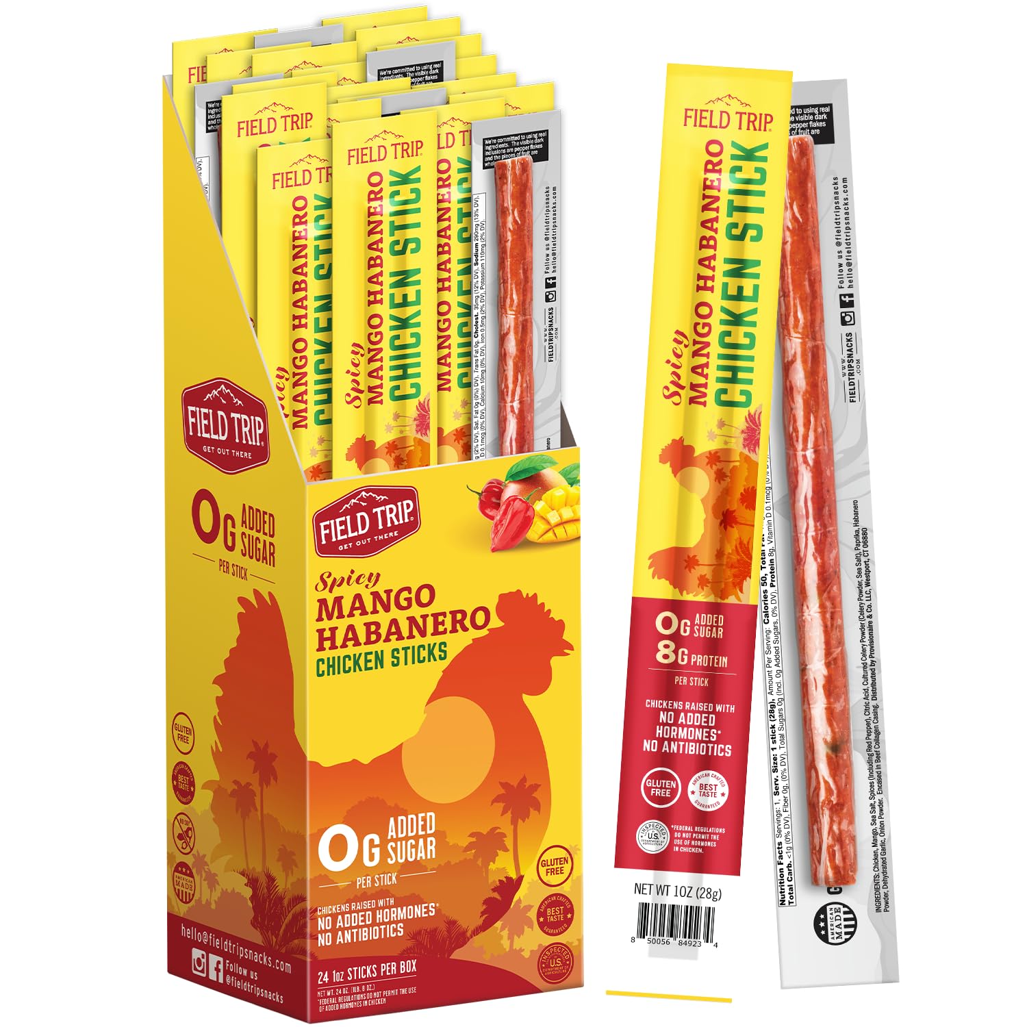 Field Trip Spicy Mango Habanero Chicken Jerky Sticks - Keto, Paleo, Gluten Free - 50 Calorie High Protein Snack - 1oz, 24 Pack