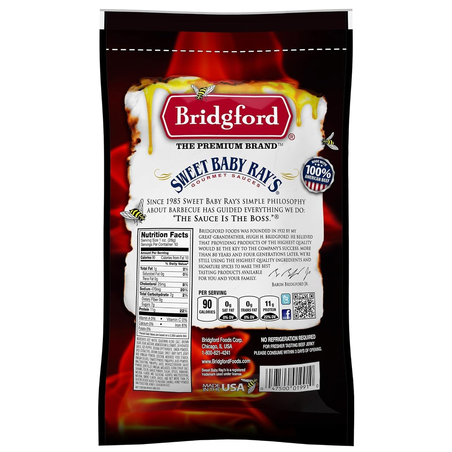 Bridgford Beef Jerky Honey BBQ, High Protein, 10 oz Pack of 6, Naturally Smoked, Ready to Eat Meat Snacks