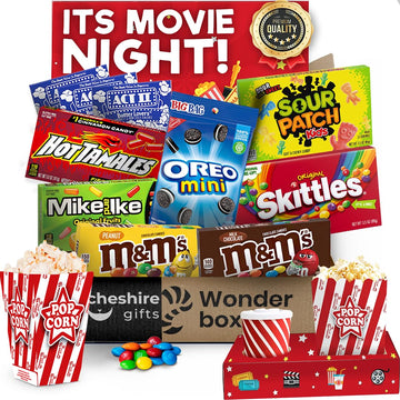 Movie Night Basket Gift Set - with Candy Variety Pack  Movie Trays  Movie Snacks & Popcorn Set - Gift Baskets For Families by Cheshire Gifts