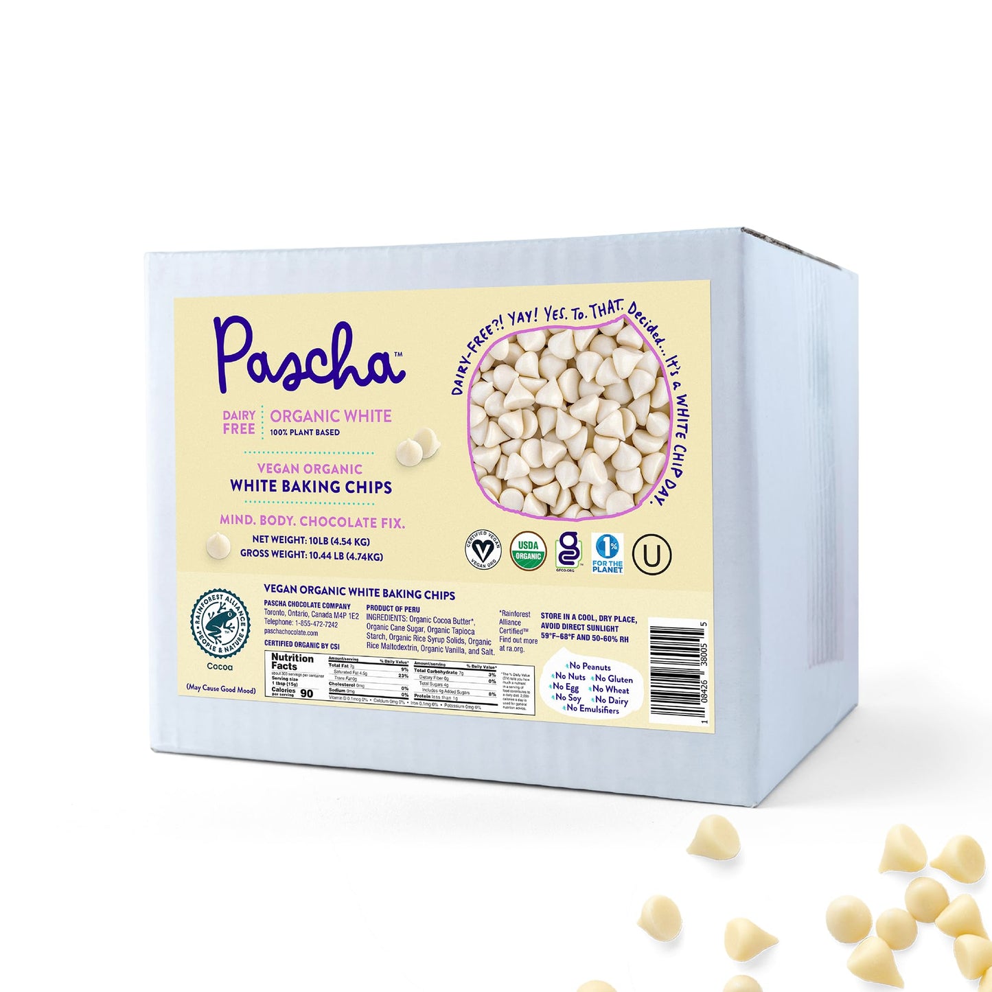 Pascha Organic Vegan White Baking Chips - Dairy-Free Alternative - Rice-Based Bulk Baking Chocolate - Allergen-Free & Plant-Based - Rainforest Alliance Certified Cocoa Butter, (10 Lbs)