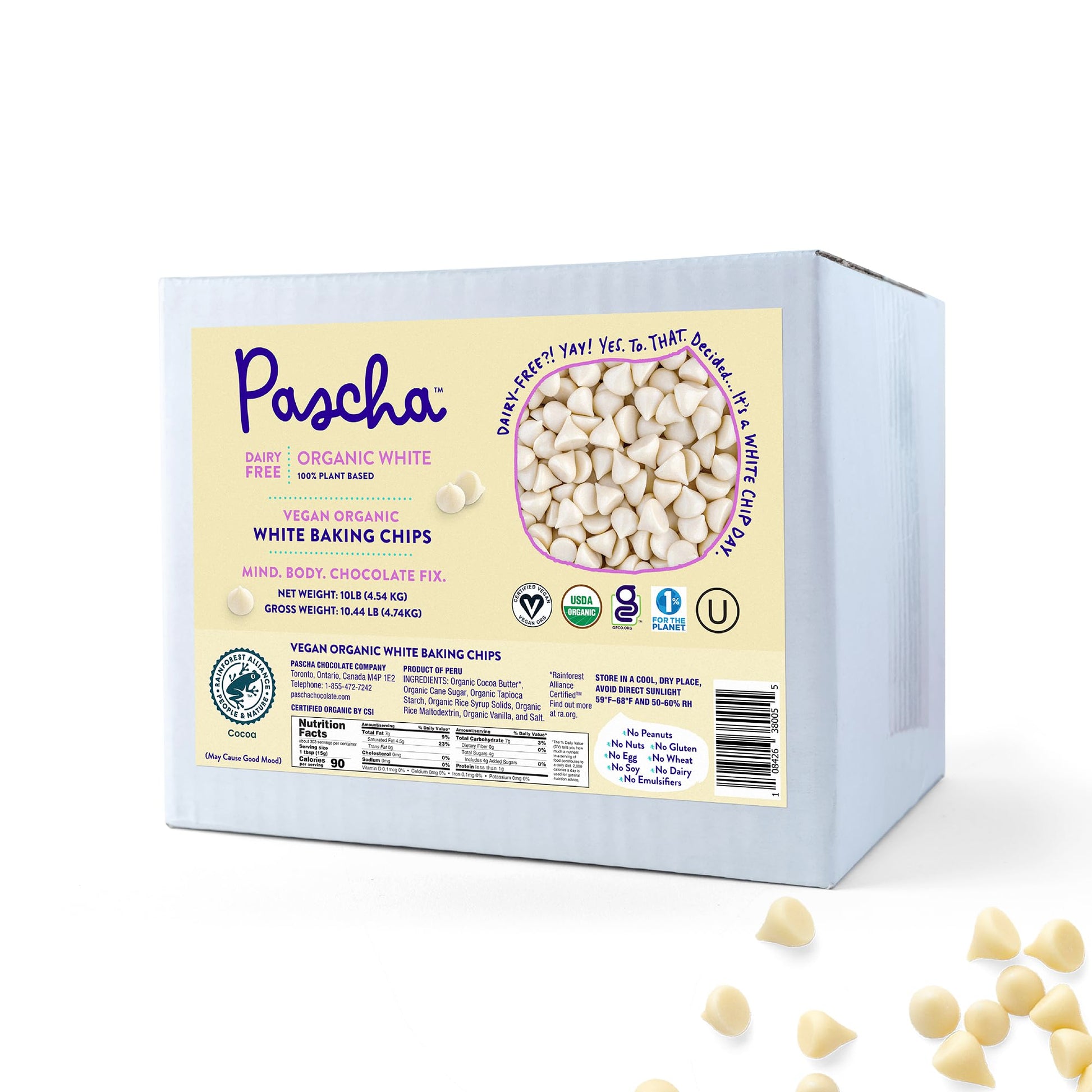 Pascha Organic Vegan White Baking Chips - Dairy-Free Alternative - Rice-Based Bulk Baking Chocolate - Allergen-Free & Plant-Based - Rainforest Alliance Certified Cocoa Butter, (10 Lbs)