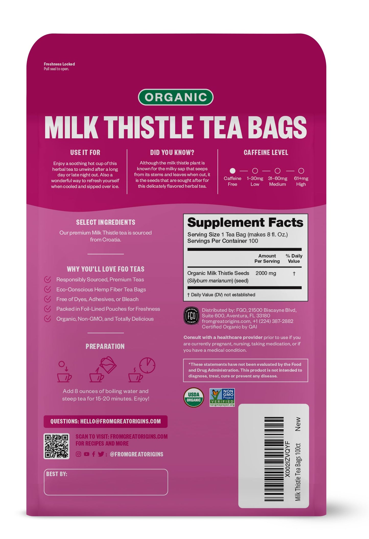 FGO Organic Milk Thistle Tea Bags, 100 Count, Eco-Conscious Packaging, Model FGO-MLKT-TEAB-100