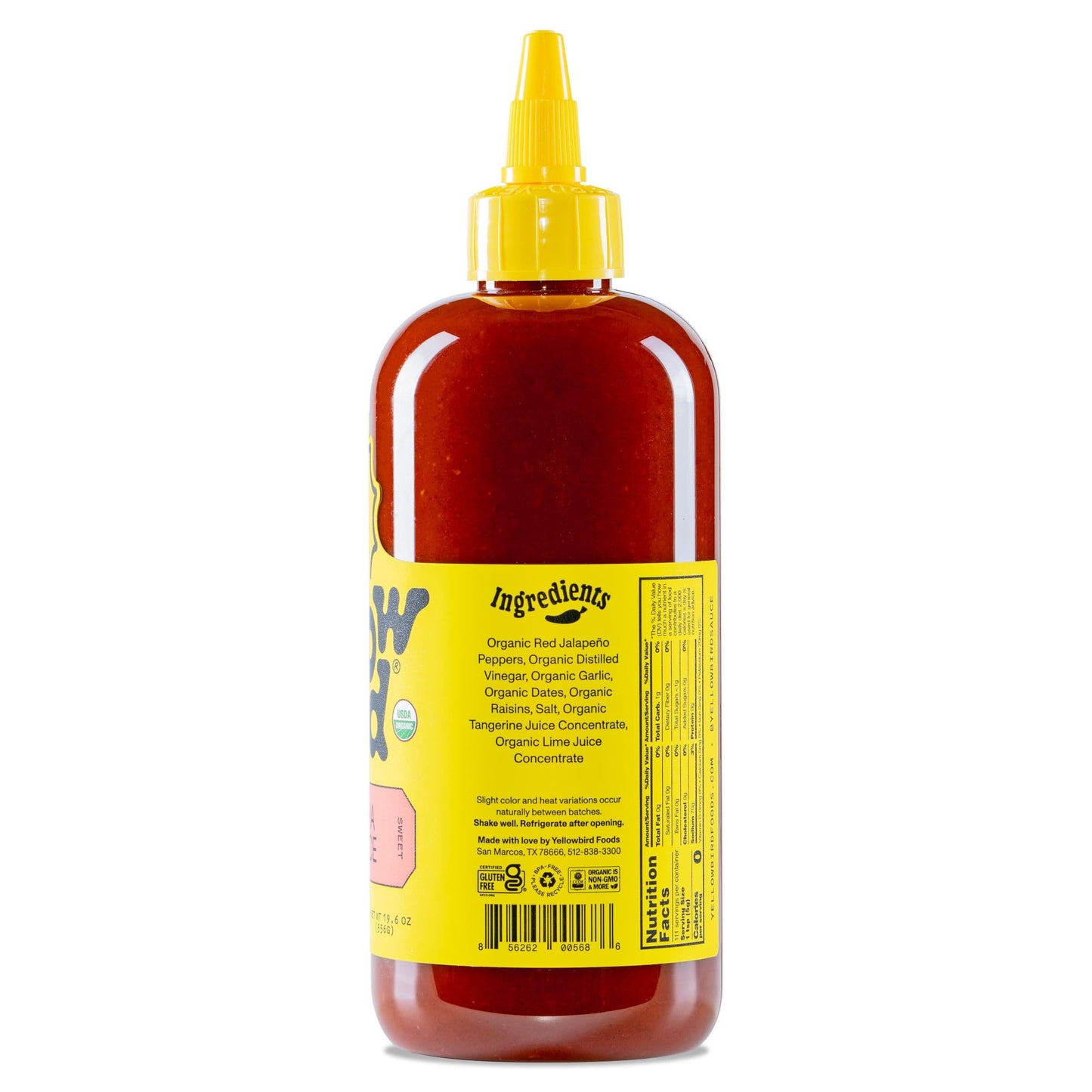 Yellowbird Organic Sriracha Sauce - Vegan, Gluten-Free Organic Hot Sauce Sweetened with Dates - Tabletop Size - Plant-Based Garl