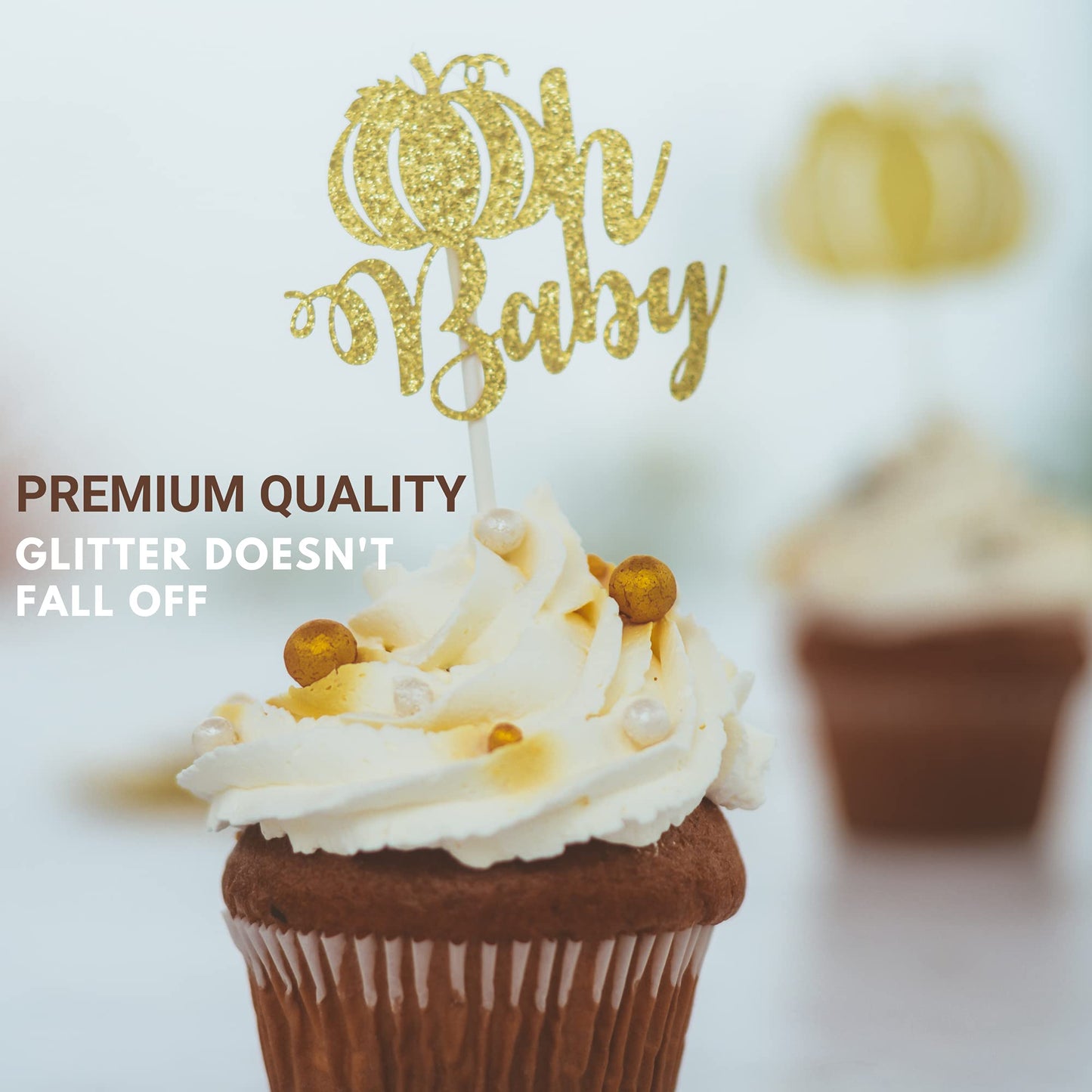 Bestus Pumpkin Cupcake Toppers Set, 25pcs Glitter Cardboard, Gold, for Birthday, Baby Shower, Thanksgiving, Halloween Decorations