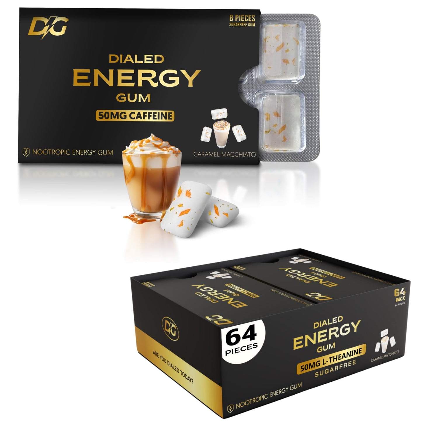 Dialed Gum Caffeine Gum 50mg Sugar Free Focus Supplement Pack of 64 Caramel Macchiato Brown