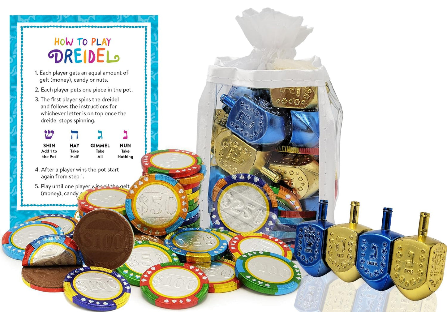 The Dreidel Company Hanukkah Gift-Set Of 8 Dreidels And 25 Nut-Free Top-Grade Belgian Chocolate Card Game Gelt Coins  In Adorable Dreidel Shaped Keeprice Beverage Bag  Includes Game Instructions Game Card