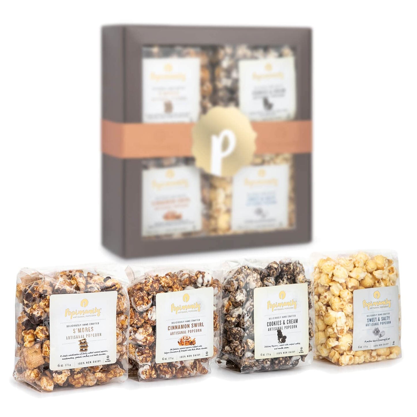 Popinsanity Gourmet Popcorn Gift Set In A Deep Chocolate Brown Deluxe Box. Overflowing With 4 Bags X 6 Oz Most Popular Popped Popcorn Flavors. Kosher, Non-Gmo, Dairy-Free. Variety Prime Gift Basket.