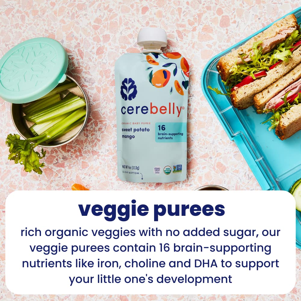 Cerebelly Organic Baby Food Pouches, Sweet Potato Mango Purees, 16 Nutrients, No Added Sugar, Fiber & Non-Gmo, 4Oz, 6 Pack