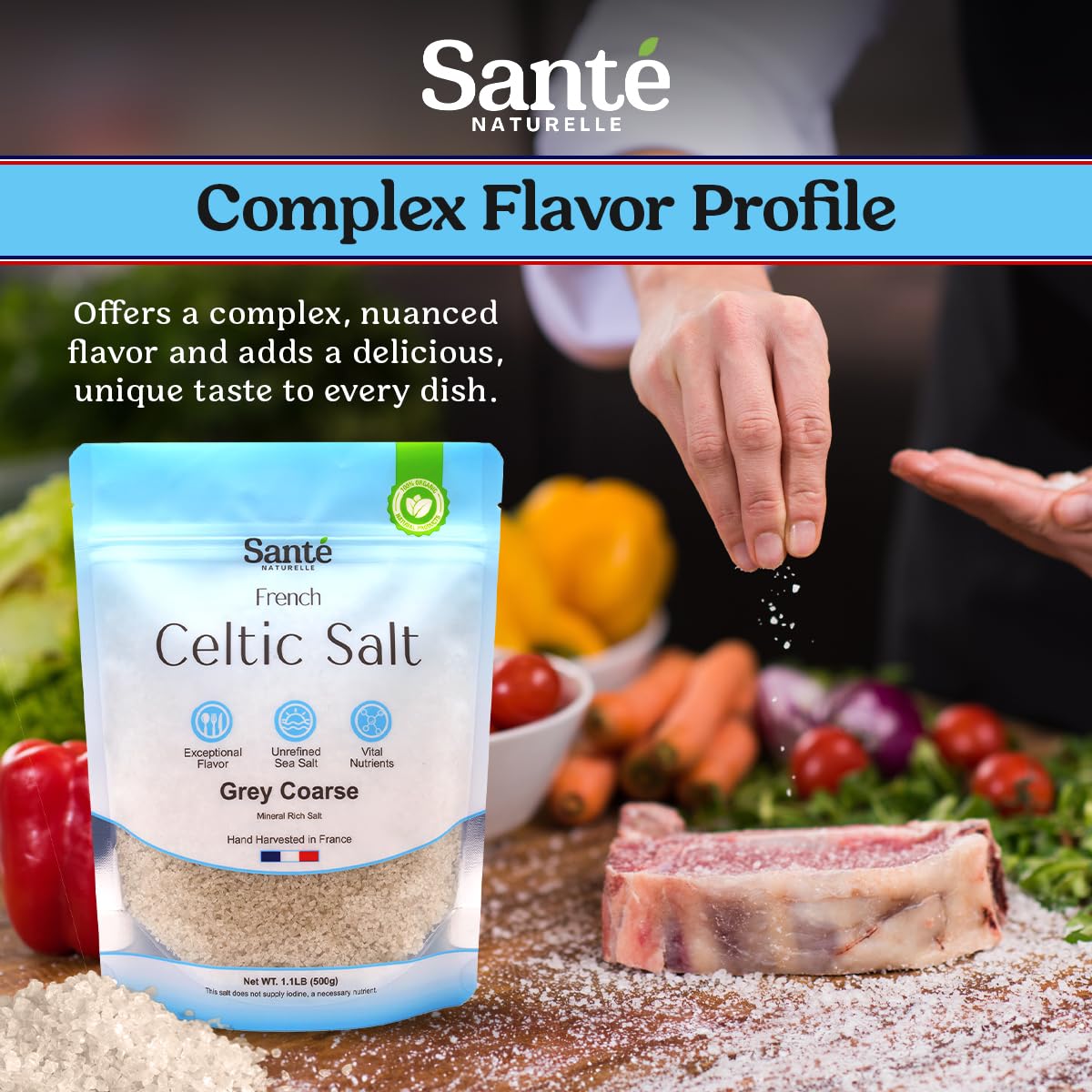 Sante Naturelle Grey Coarse Sea Salt - Unrefined French Sea Salt, 18oz, Organic, Rich in 82+ Minerals, Hand Harvested