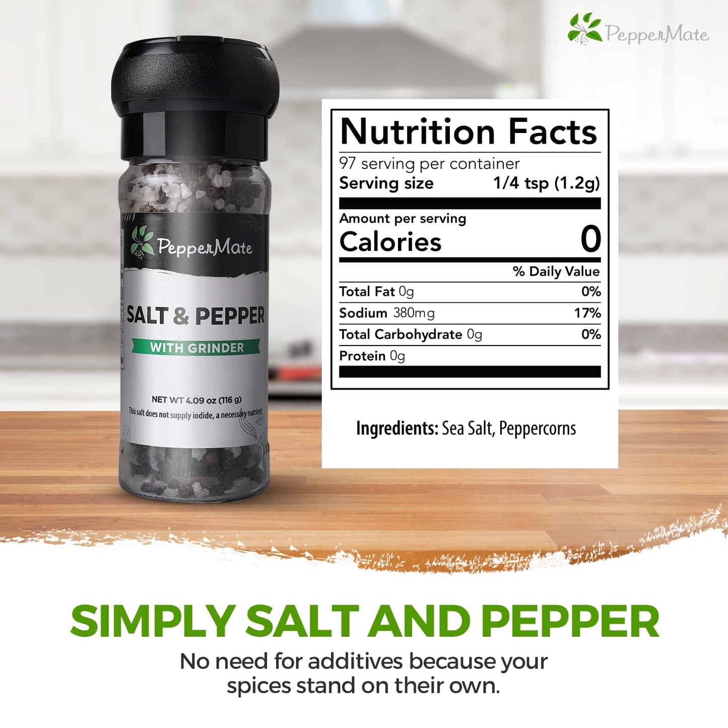 PepperMate Salt and Black Pepper Grinder - 2-in-1 Coarse Blend in Glass Container - 1 Count