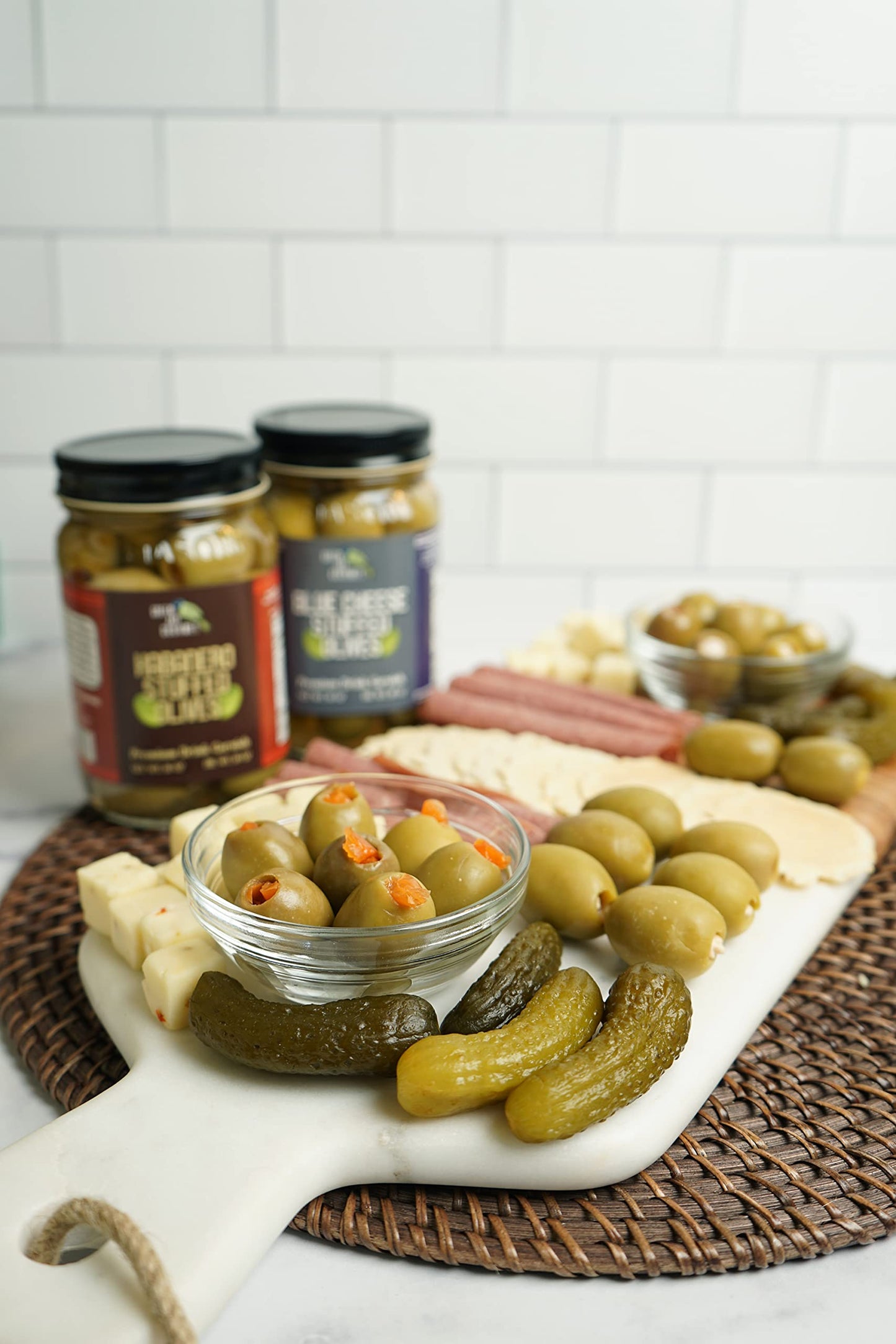 Green Jay Gourmet Double Stuffed Olives - Jalapeno & Garlic - 2 x 16 Ounces - All Natural - Perfect for Cocktails and Cheese Boards