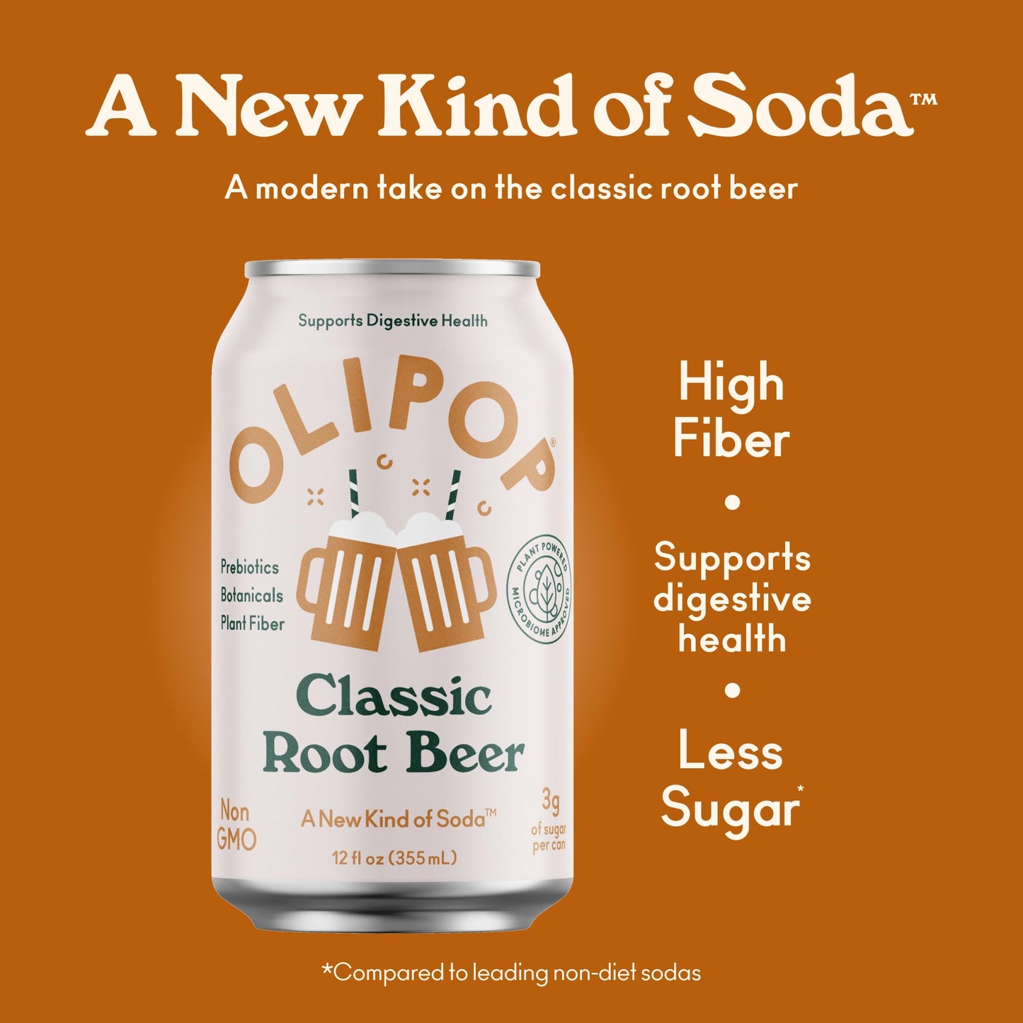 OLIPOP Prebiotic Soda, Classic Root malt-inspired, Gluten Free, Vegan, 12 Fl Oz (Pack of 12)