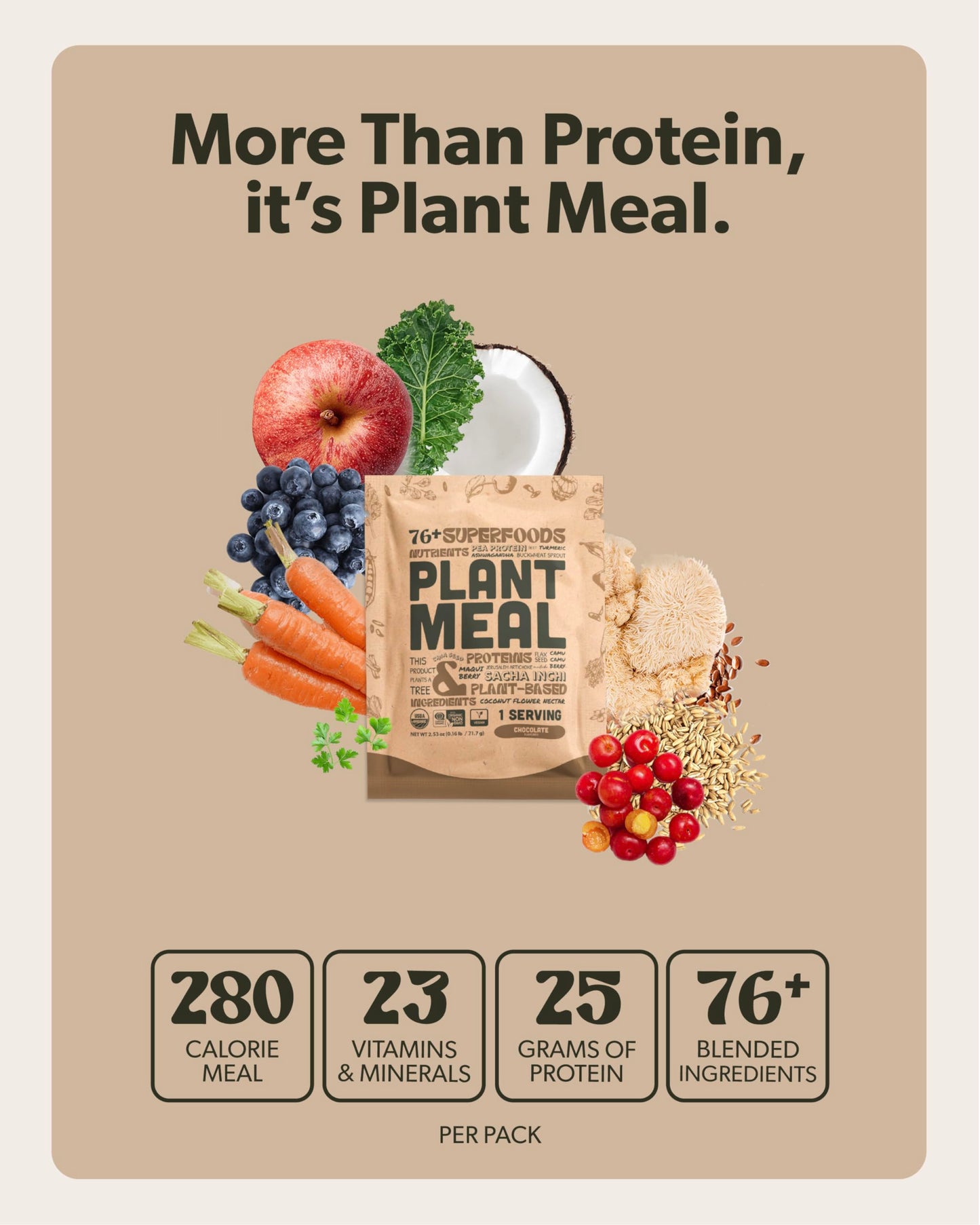 Plant Meal Replacement Shake - Chocolate - 25g of Plant Based Vegan Protein Powder, 76+ Organic Superfoods, Vitamins & Minerals,