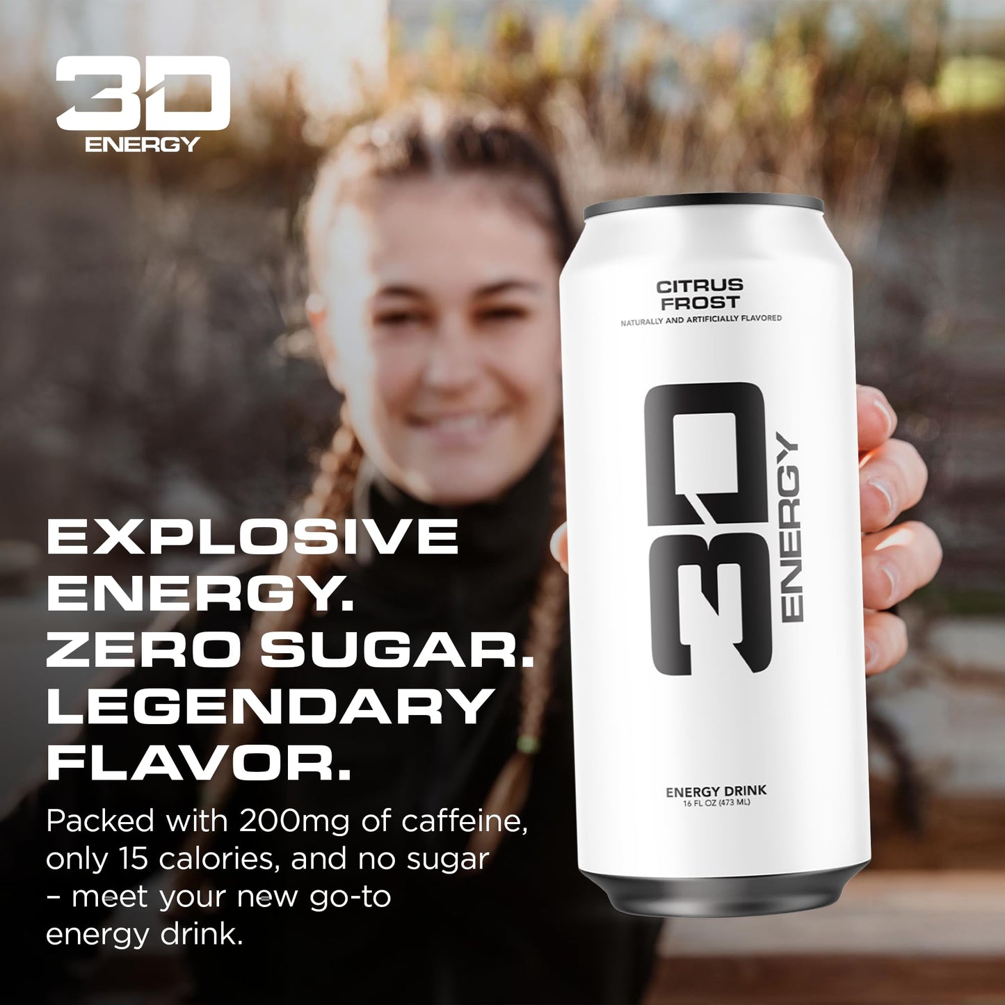3D Energy Drink - Sugar Free  200mg Caffeine  Pre Workout  Taurine  L-Carnitine  Lightly Carbonated  16oz Cans  12 Pack - Citrus Frost