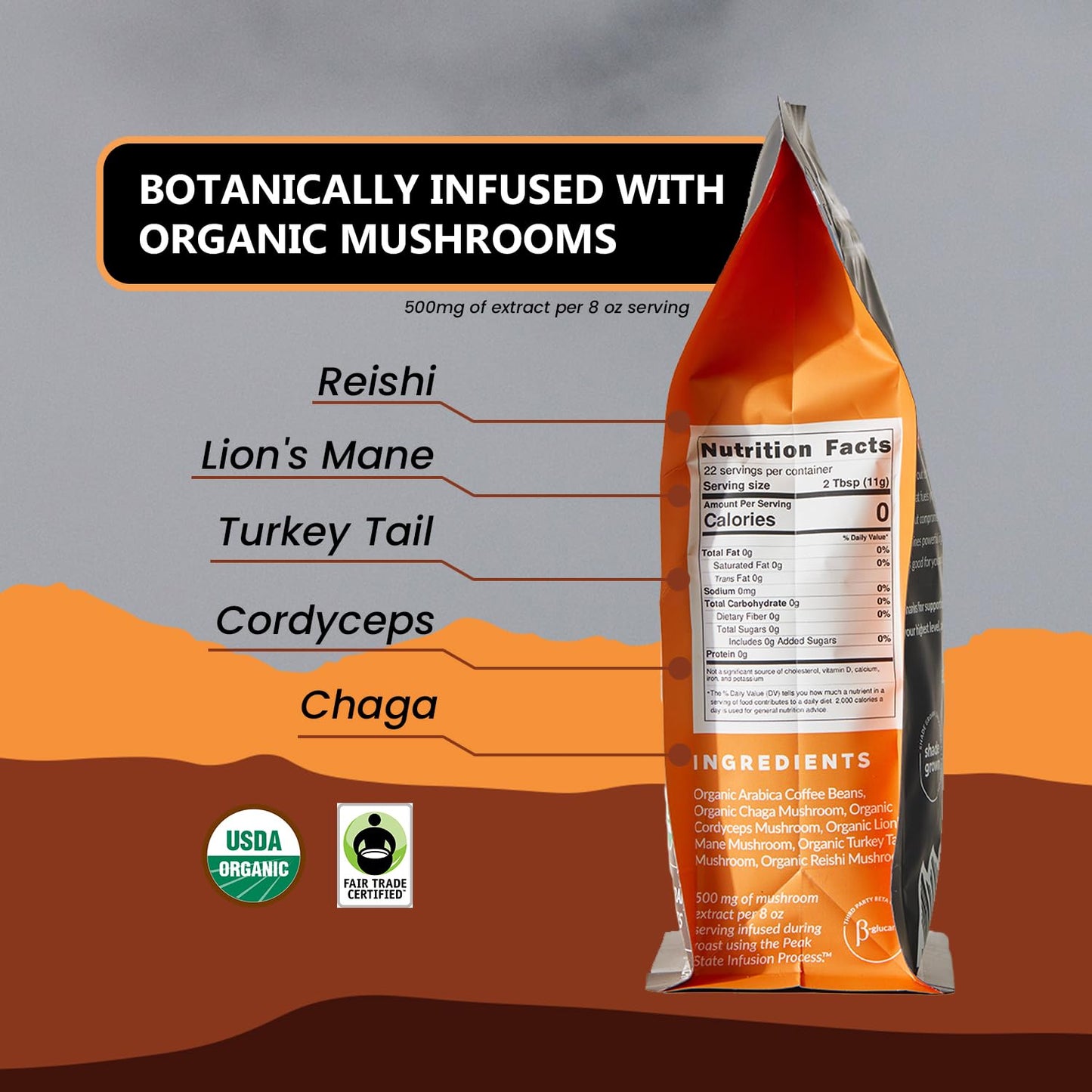 Peak State Coffee With Benefits - Mushroom Coffee Organic Coffee Beans - Immunity Boost Medium Roast - Low Acid Coffee - Mold Fr