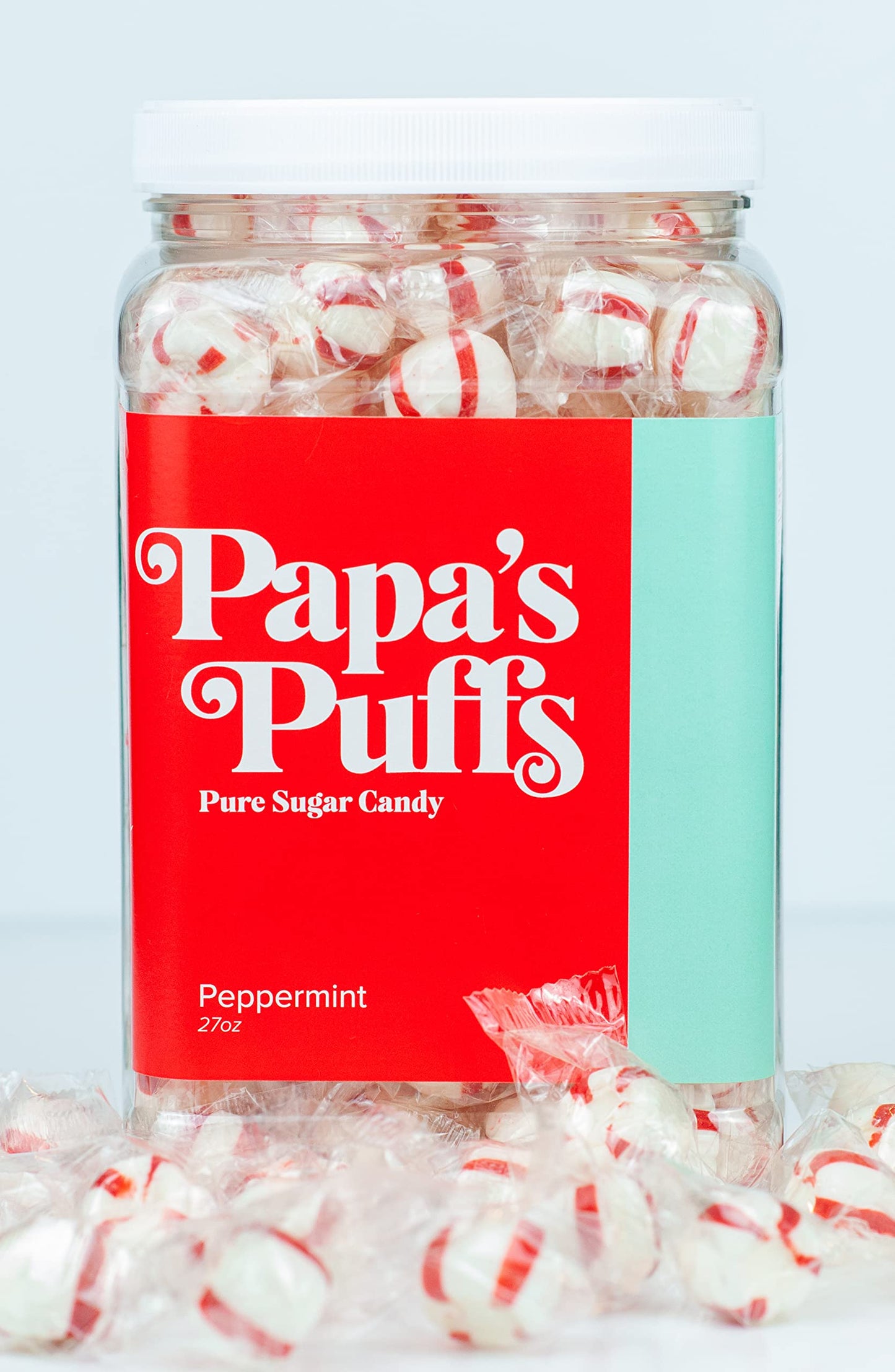 Papa'S Puffs Peppermint Flavored Pure Sugar Candy - Individually Wrapped In Resealable Tub - Fat-Free, Gluten-Free, Cholesterol-