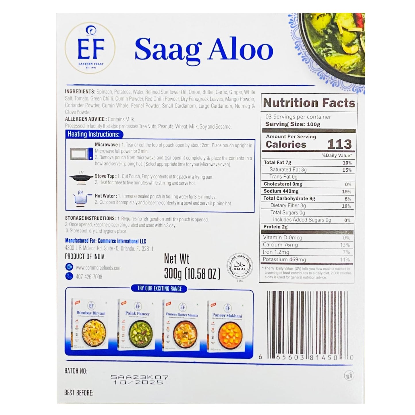 Eastern Feast - Ready To Eat Vegetarian Meals, 10.58 Oz (Pack Of 10, Saag Aloo)
