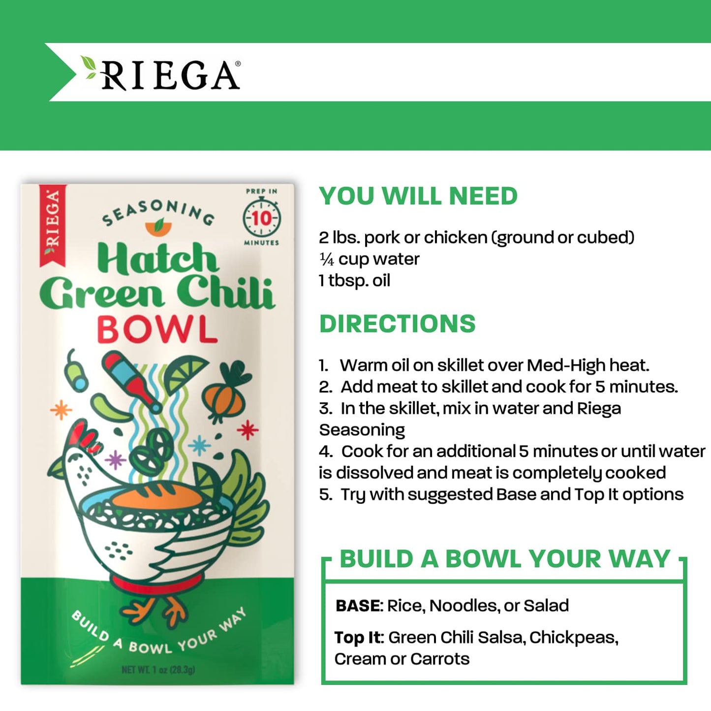 Riega Hatch Green Chili Bowl Seasoning, Authentic Hatch Green Chili Pepper Flavor to Enhance any Chili, Salad or Rice Bowl, 1 Ou