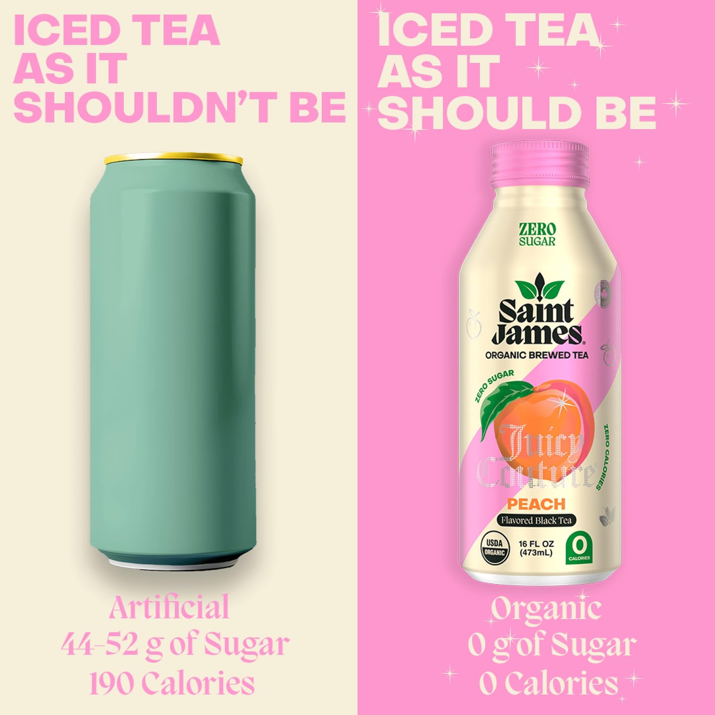 Saint James Iced Tea x Juicy Couture Limited Edition - Organic Black Tea - Non-GMO  Gluten Free  Zero Calorie  Zero Sugar - Juicy Peach  12 Pack (16 fl oz each)