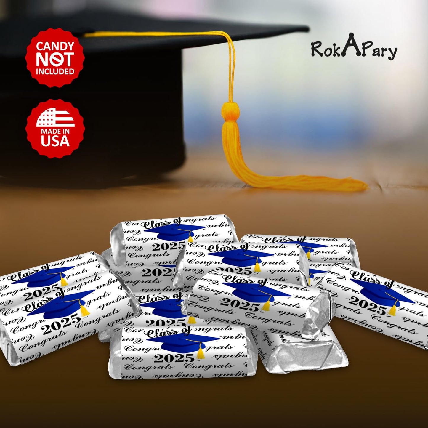 60 Graduation Cap Party Class Of 2026 Miniatures Candy Bar Wrapper, (Set Of 60) Mini Candy Chocolate Bar Stickers, Labels, Candy Not Included, Color Blue. Made In Usa