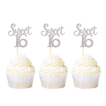 Ercadio Silver Sweet 16 Cupcake Toppers Glitter Age Sixteen Cupcake Picks 16Th Birthday Party Cake Decorations Supplies 24 Pcs