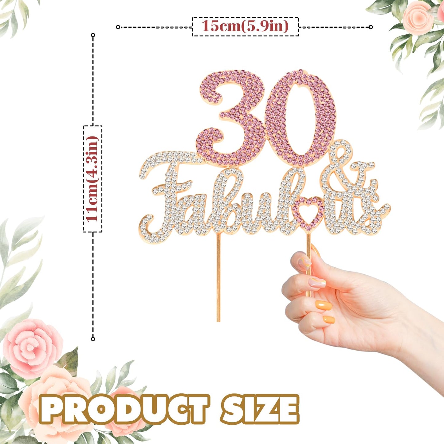 Laskyer 30 & Fabulous Gold & Pink Rhinestone Cake Topper - Happy 30Th Birthday Cheers To Thirty Years Old Bday Party Metal Spark