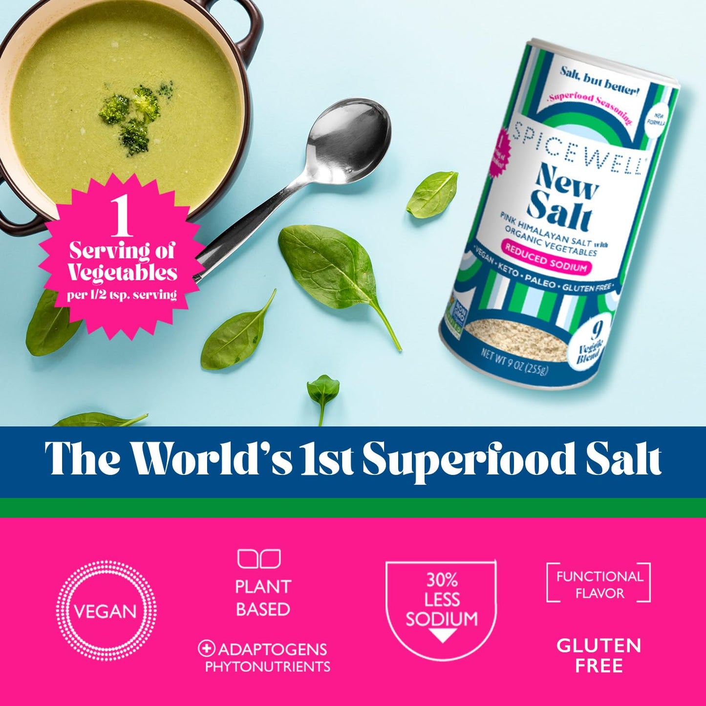 Spicewell - Himalayan Pink Salt Pouch - Boosted with 9 Real Veggies, Less Sodium Than Table Salt - Fine Ground - 9oz Shaker (2 p