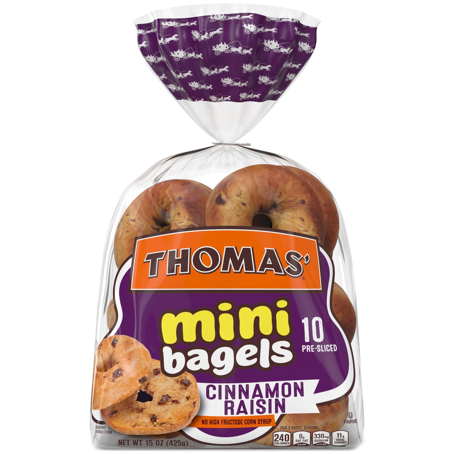 Thomas Cinnamon Raisin Mini Bagels, 10 Pre Sliced Mini Bagels with No High Fructose Corn Syrup, 15 Oz Bag