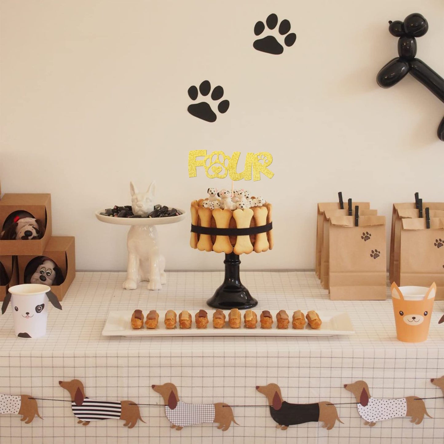 1 Pcs Four Cake Topper Gold Glitter 4 Years Old Birthday Dog Paw Cake Pick For Puppy Dog Let'S Pawty Theme Kids Boys Girls 4Th B