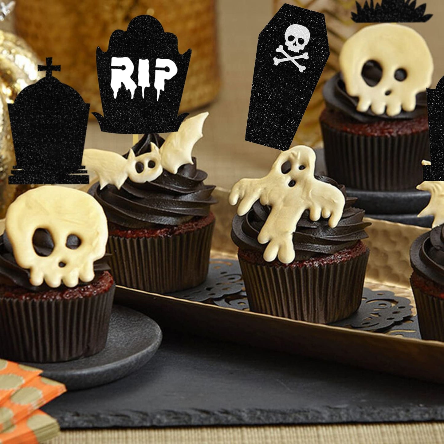 Domoo Of Dreams Halloween Tombstone Cupcake Toppers Glitter Rip Spooky Skull Food Picks Cemetery Graves Zombie Birthday Party De