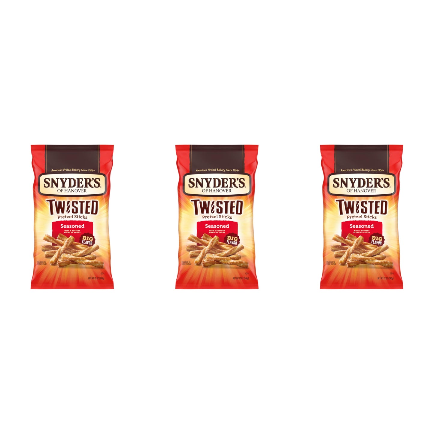 Snyders of Hanover, Seasoned Twisted Pretzel Sticks, 12 Oz Bag (Pack of 3)