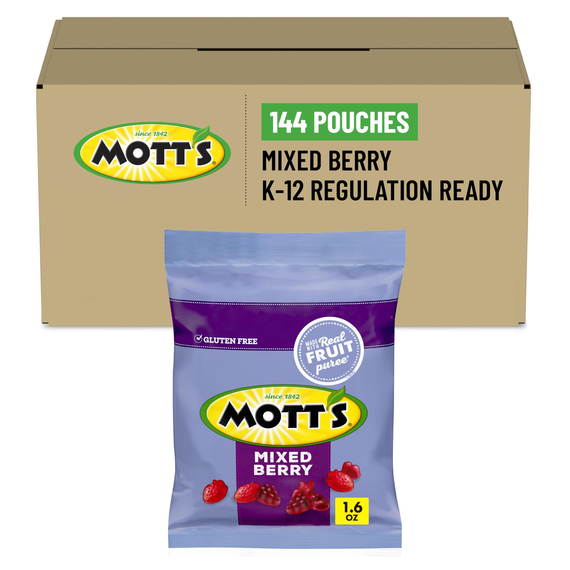 Motts Mixed Berry Fruit Snacks, 1.6 Oz, 144 Count